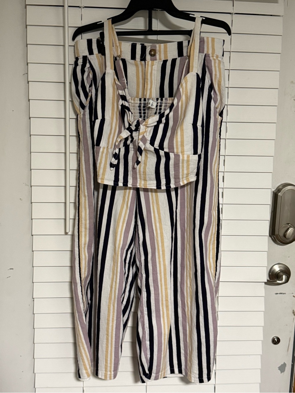 Hollister Striped Two-Piece Jumpsuit in White, Black & Tan